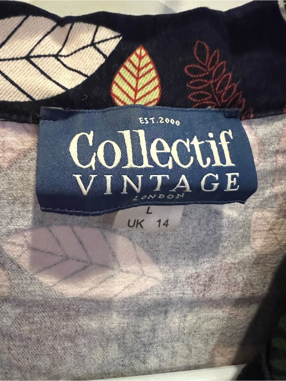 Collectif Vintage Navy Dress with Multicolor Leaf Print